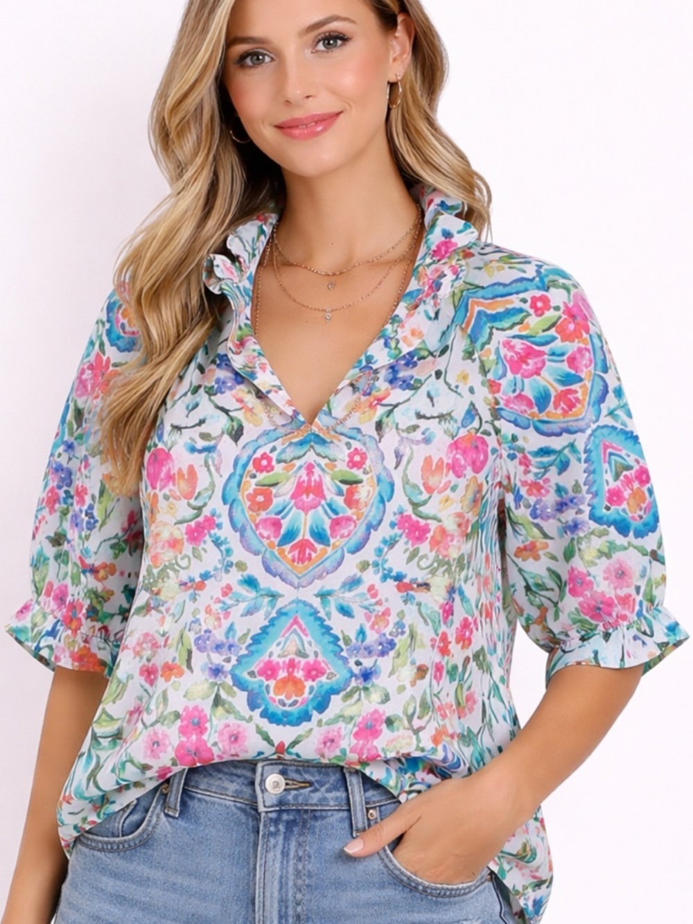 Floral Puff Sleeve Blouse Sz M NWOT